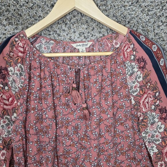 Lucky Brand Top Womens Small Pink Floral Print Boho Crinkle Gauze Neck Tie - Picture 4 of 7